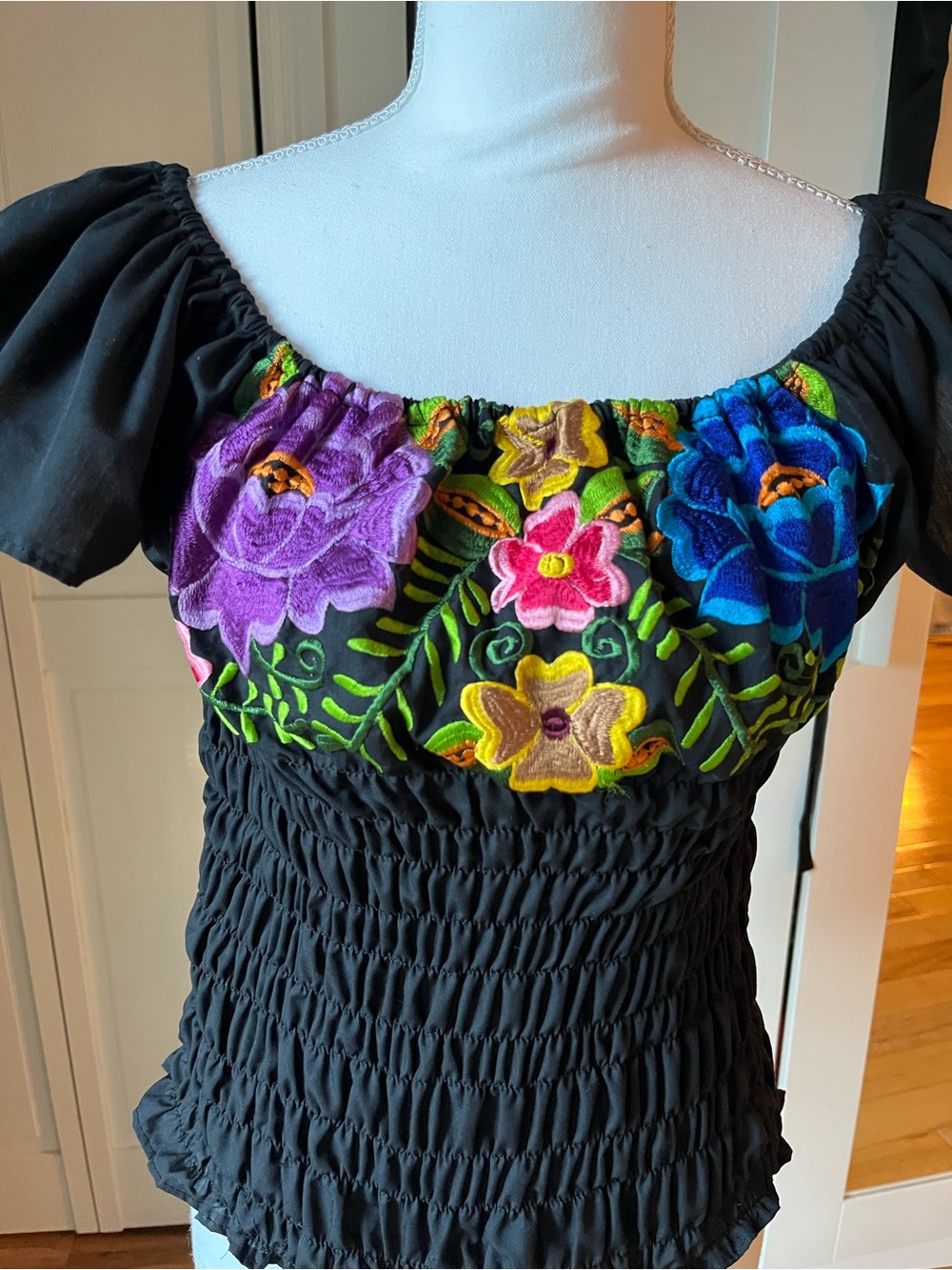 Hand-Embroidered Mexican Cotton Boho Blouse | Crochet Detail | Small-Medium